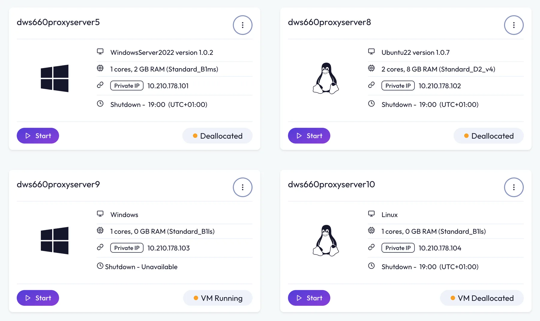 Virtual machines in a myDRE workspace, showing Windows and Linux VMs with their size, private IP, shutdown schedule and running state