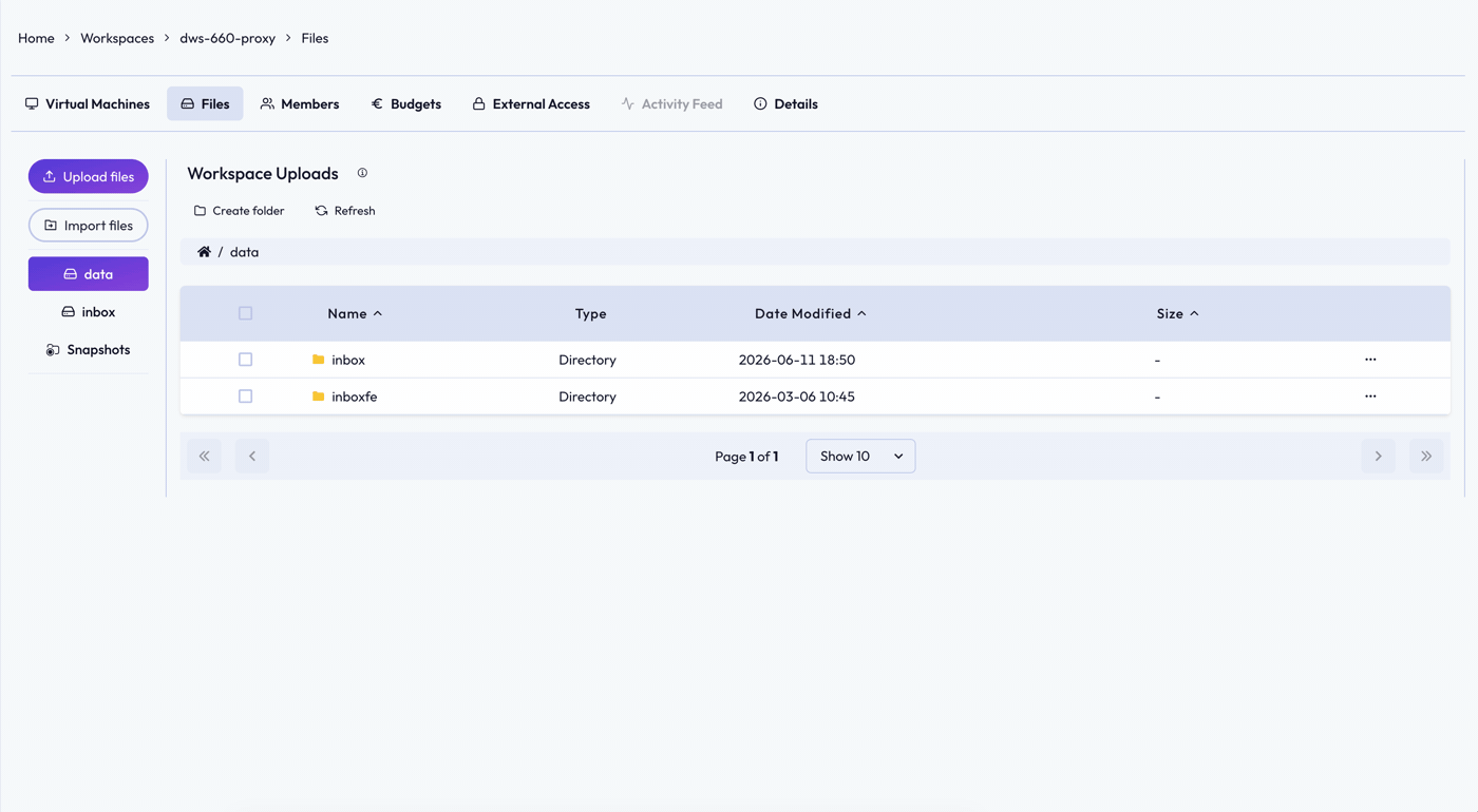 Inside a myDRE workspace: the files browser, the members list with their roles, the workspace budget, and the workspace details